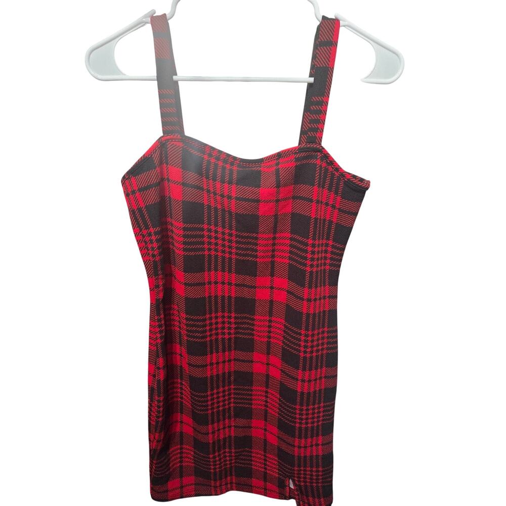 Red & Black Plaid Bodycon Mini Dress Side Slit - SHEIN - S